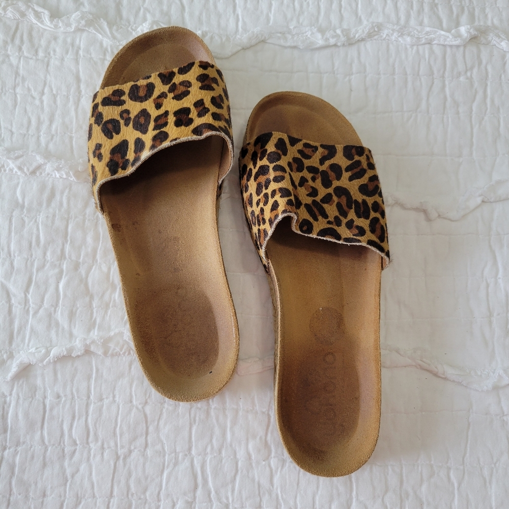 Yokono Leather Leopard Espadrille Slides 9 Like New Condition Made In Spain